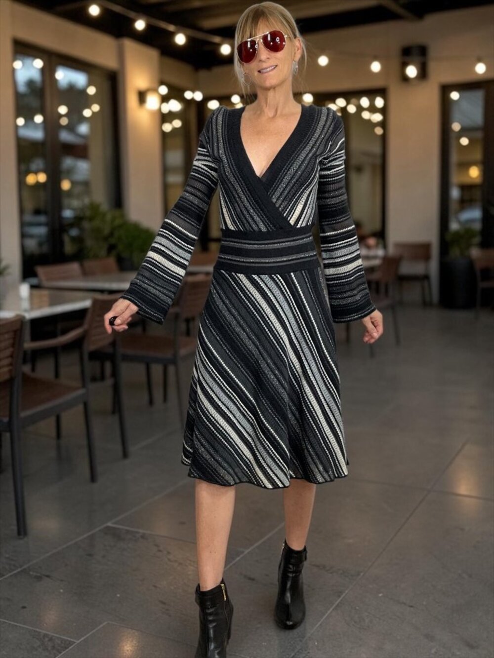 M by Missoni Knit Dress 44 US/8 Black Gray Striped Long Sleeve Faux Wrap